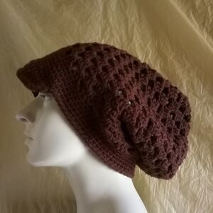 Brown Crochet Slouch Beanie Hat - Women's Accessory